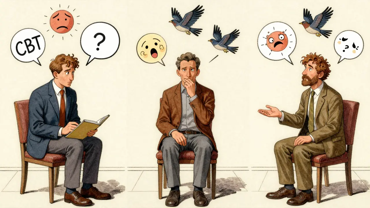 Tři různí terapeuti s různými přístupy sedí s klienty, kteří vyjadřují úlevu a uvolnění.