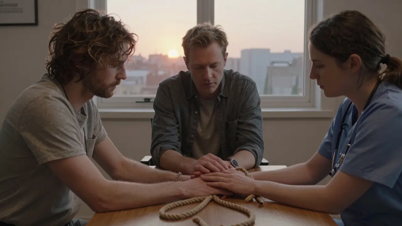 Tým lékařů společně odváže přeplétané provazy představující komorbidity, za nimi vychází slunce.