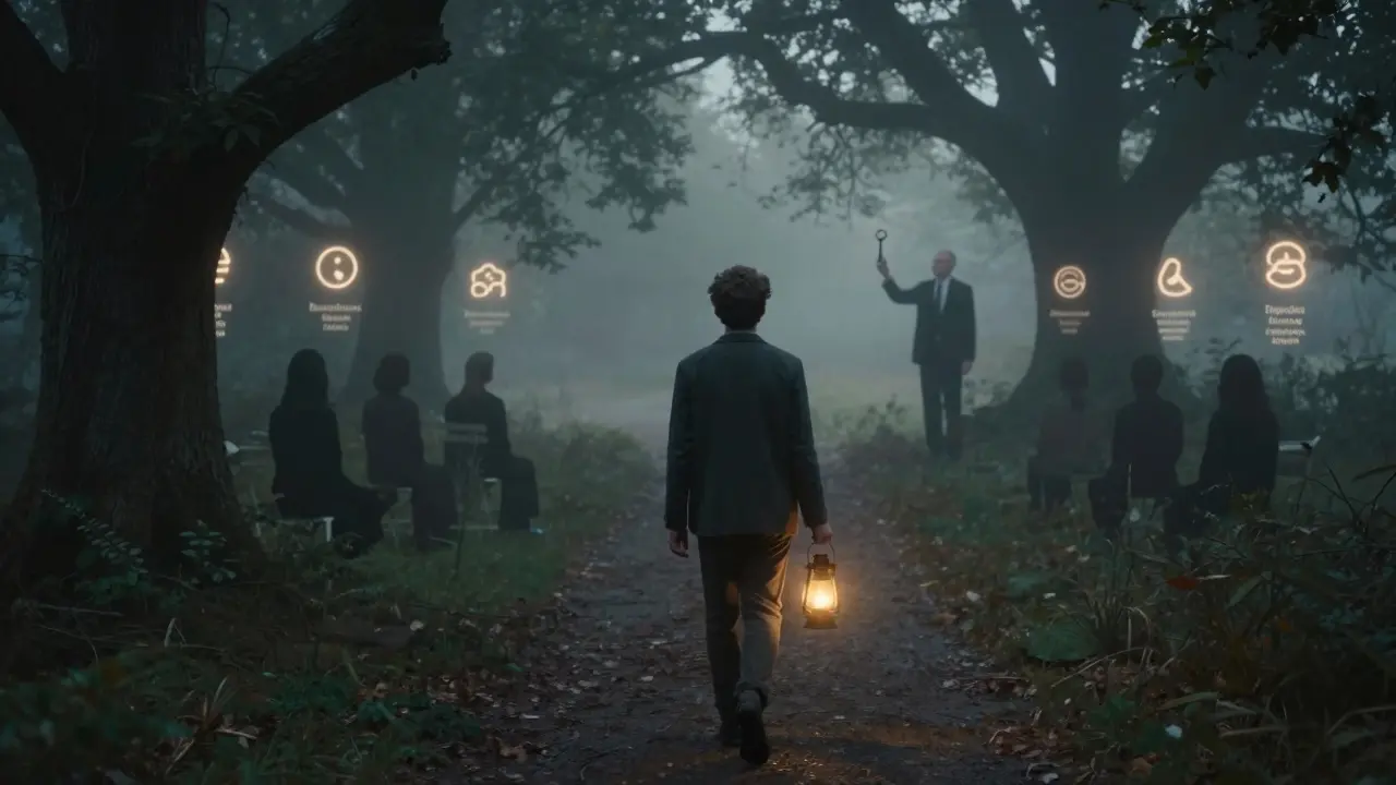 Začínající terapeut v lese přijímá vedení od zkušeného supervizora.