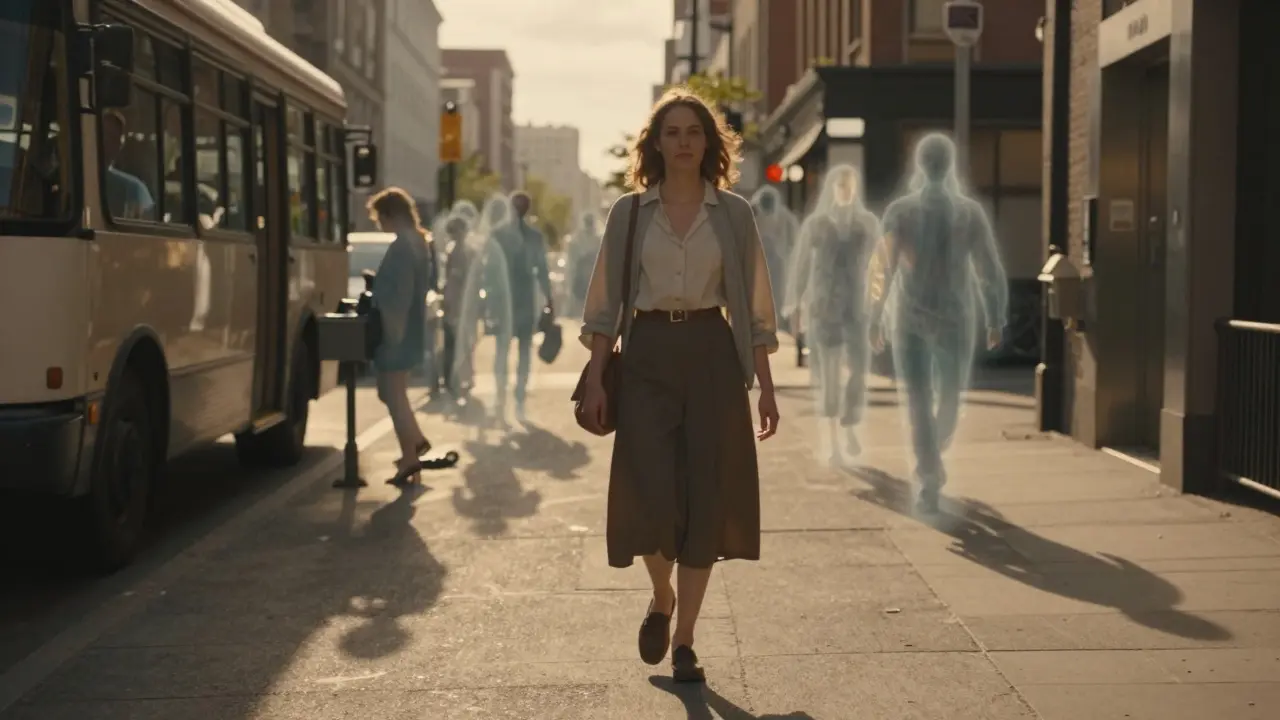 Žena kráčí ulicí, strachy kolem ní se rozplynuly ve světle, tvář klidná a svobodná.