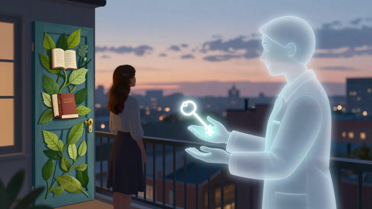 Žena na balkoně přijímá symbolickou terapeutku z Benefit Plus, která jí nabízí klíč k duševnímu zdraví.