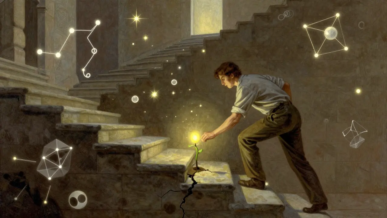 Člověk climbujici po schodech a pečující o malý svítící úspěch.