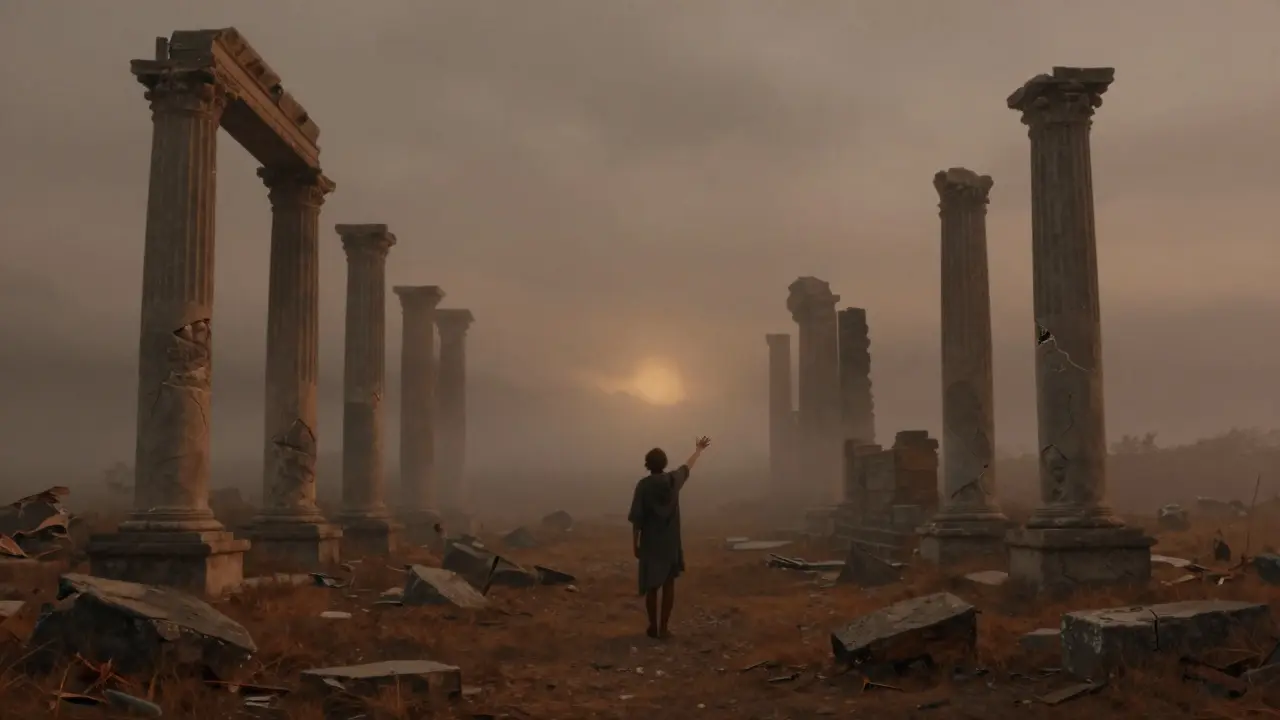 Člověk hledící na fragmenty identity v mlžné krajině.