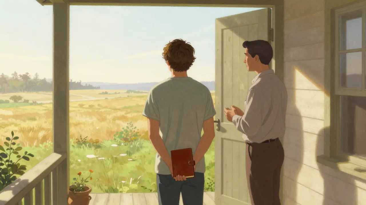 Člověk s deníkem v ruce kráčí z úkrytu do světa plného naděje.