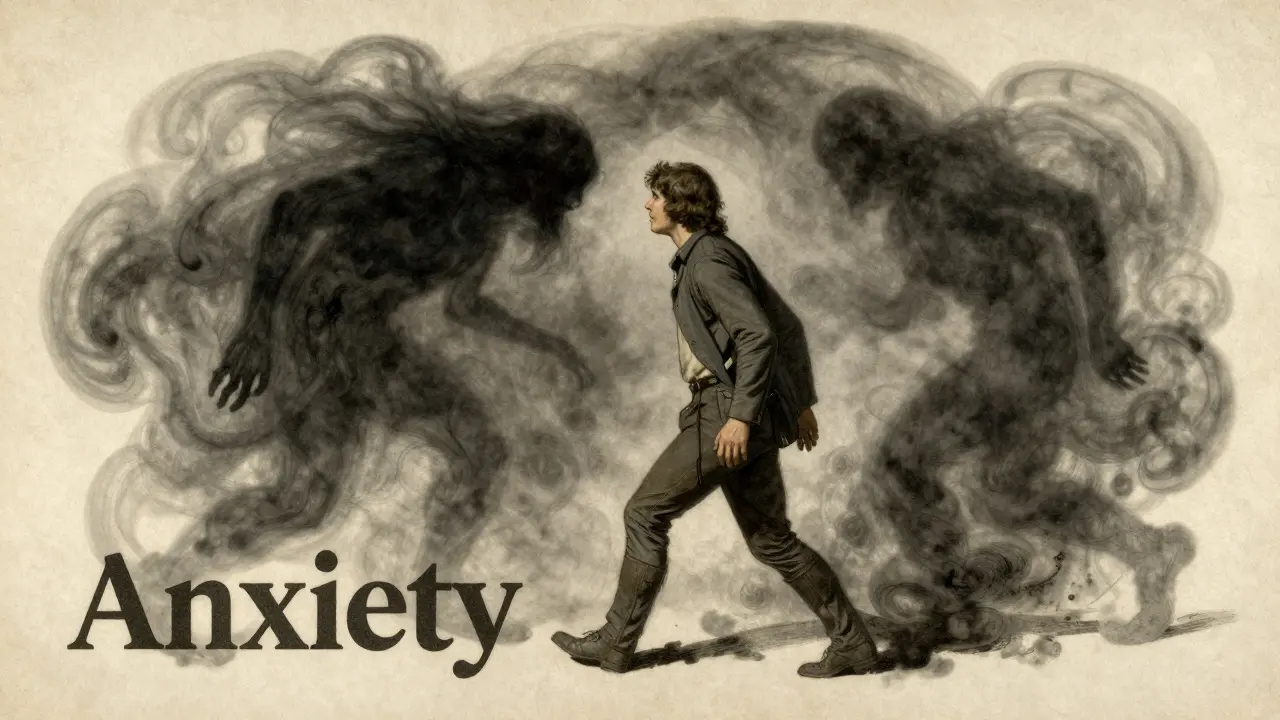 Člověk stojící tváří v tvář personifikované úzkosti jako stínové stvoření.