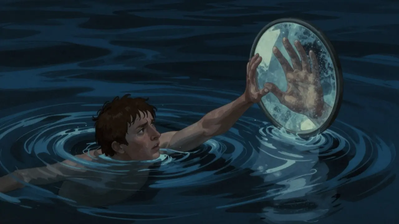 Člověk utopený v temných emocích, vnímán skrze zkreslující čočku.