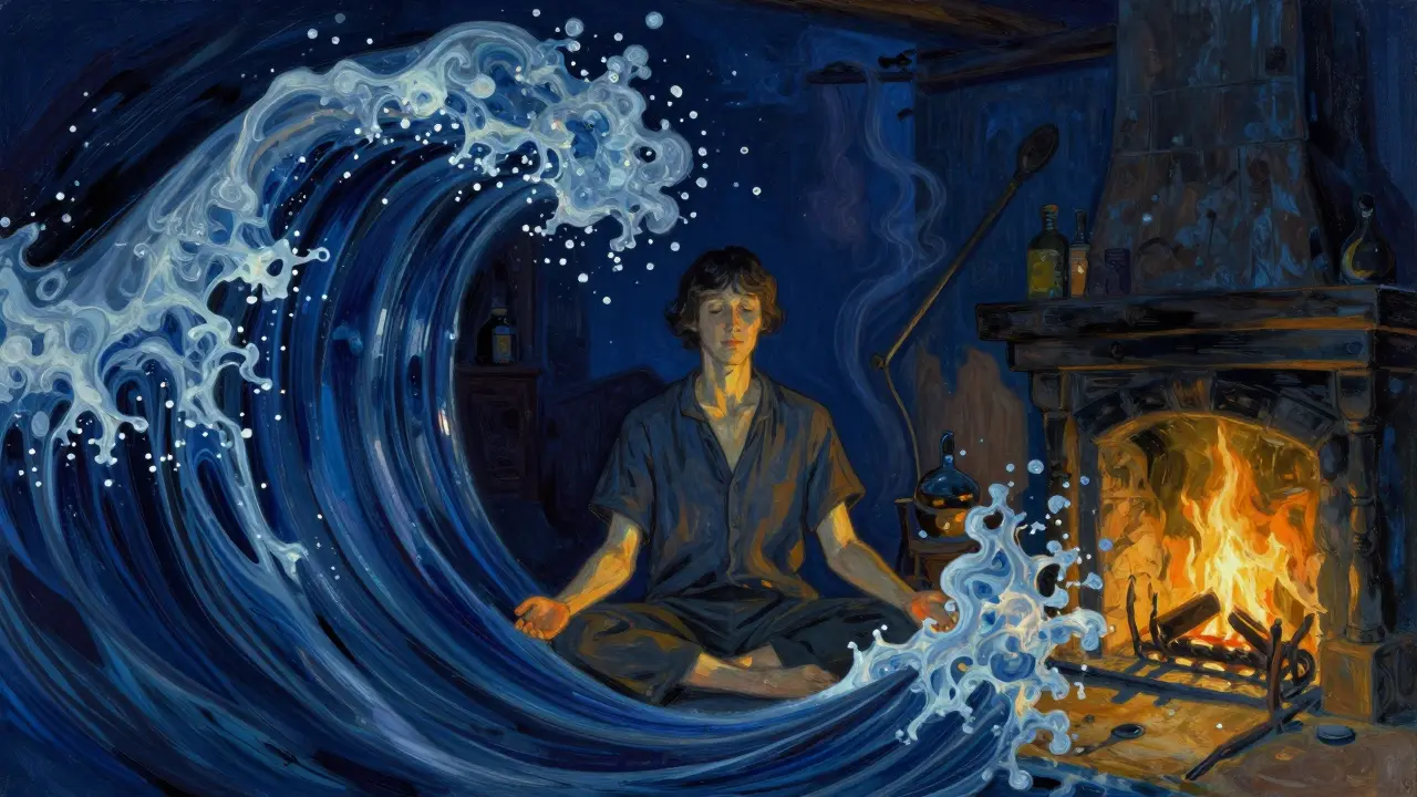 Člověk v klidu pozorující vlnu bažení jako symbol mindfulness.