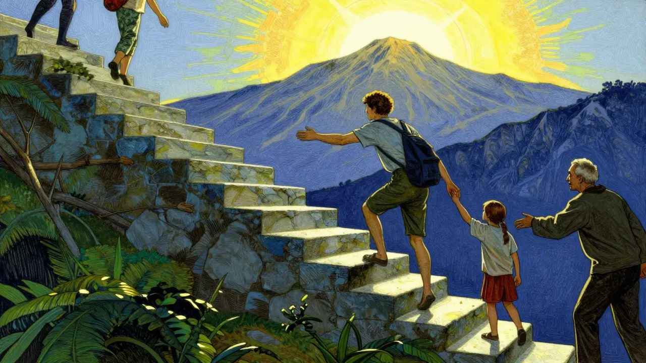 Člověk vystupující po schodech k uzdravení s podporou blízkých.