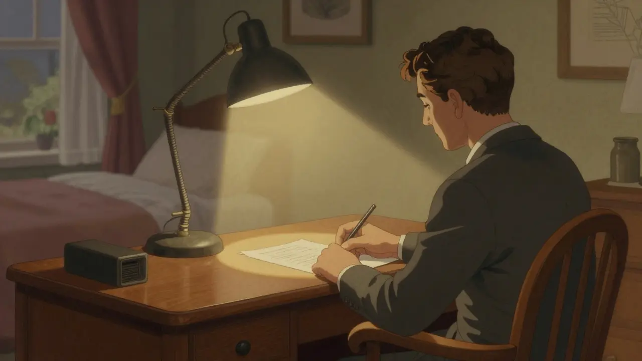 Dedikované pracovní místo terapeuta doma, oddělené od soukromé části místnosti.