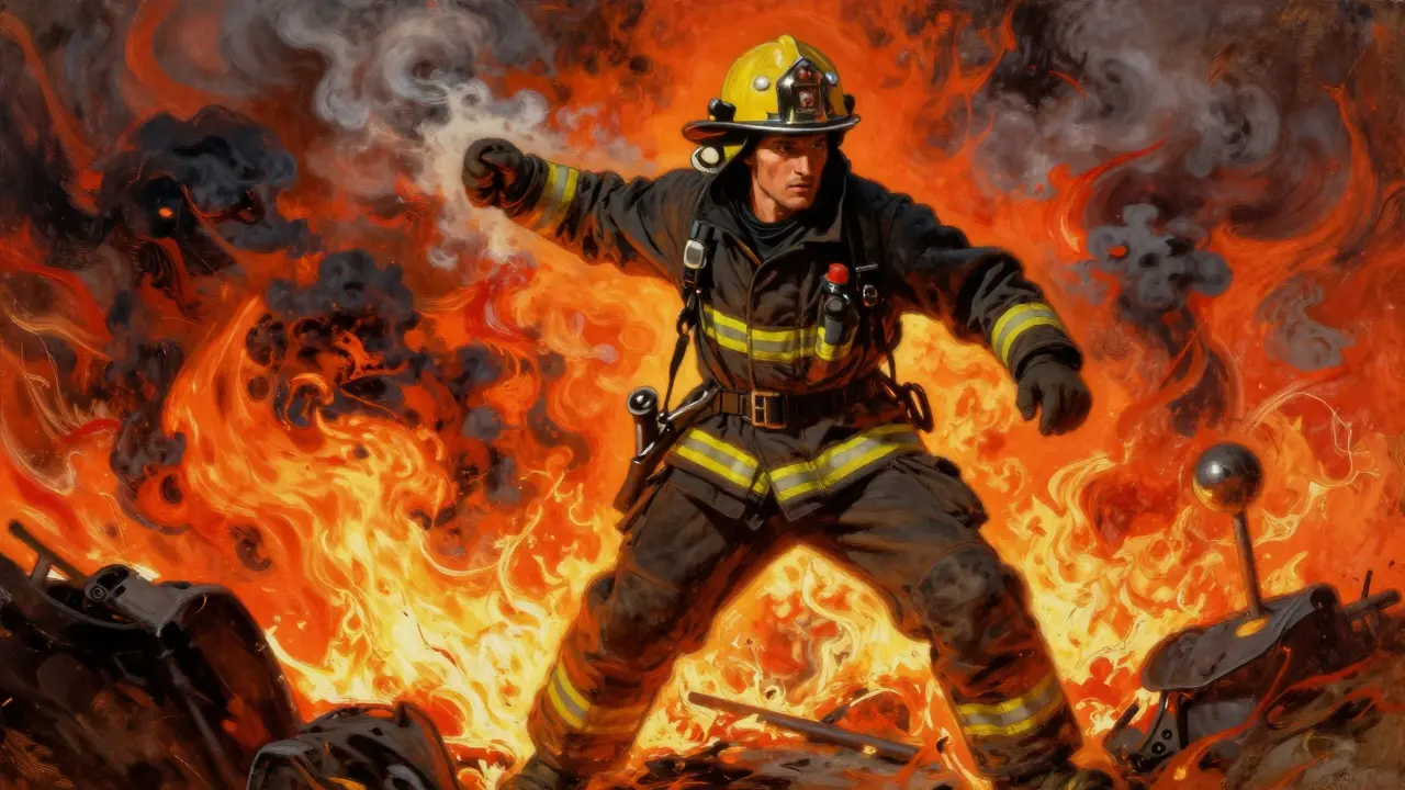 Hasič v plamenech jako symbol odvahy a soucitu v klasickém malířském stylu.