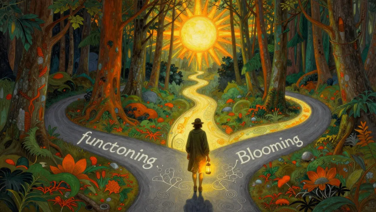 Ilustrace člověka s lucernou poznání, který hledá cestu k osobnímu rozkvěku v lese.