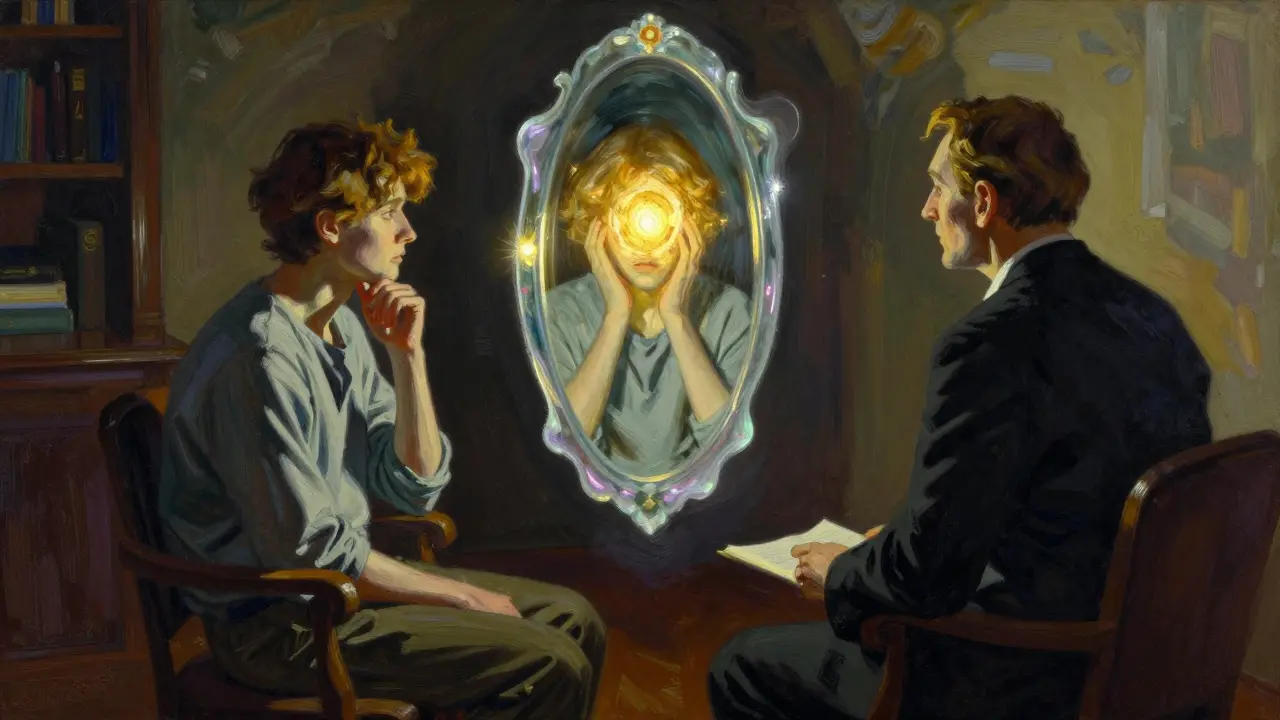 Ilustrace člověka v terapii s symbolickým zrcadlem odrazujícím vnitřní emoce.