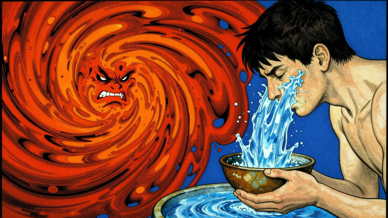 Ilustrace osoby, která se zklidňuje oplachováním obličeje vodou uprostřed emocionálního chaosu.