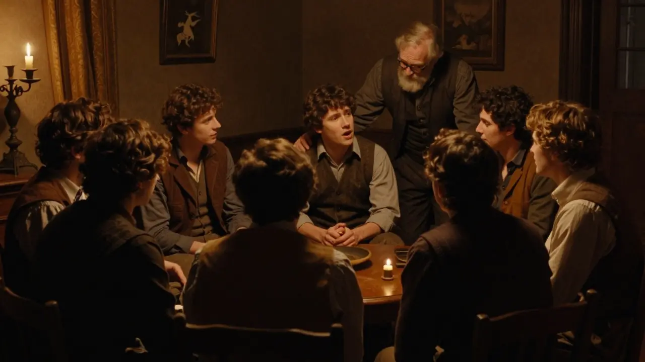 Ilustrace skupiny lidí v útulné místnosti poskytujících si vzájemnou podporu.