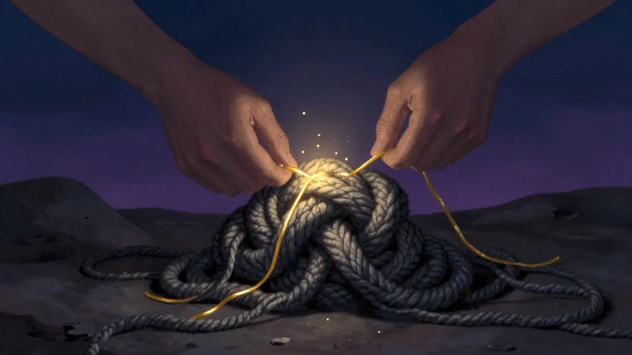 Konceptuální obraz rozplétání uzlů potlačených emocí a hledání vhledů.