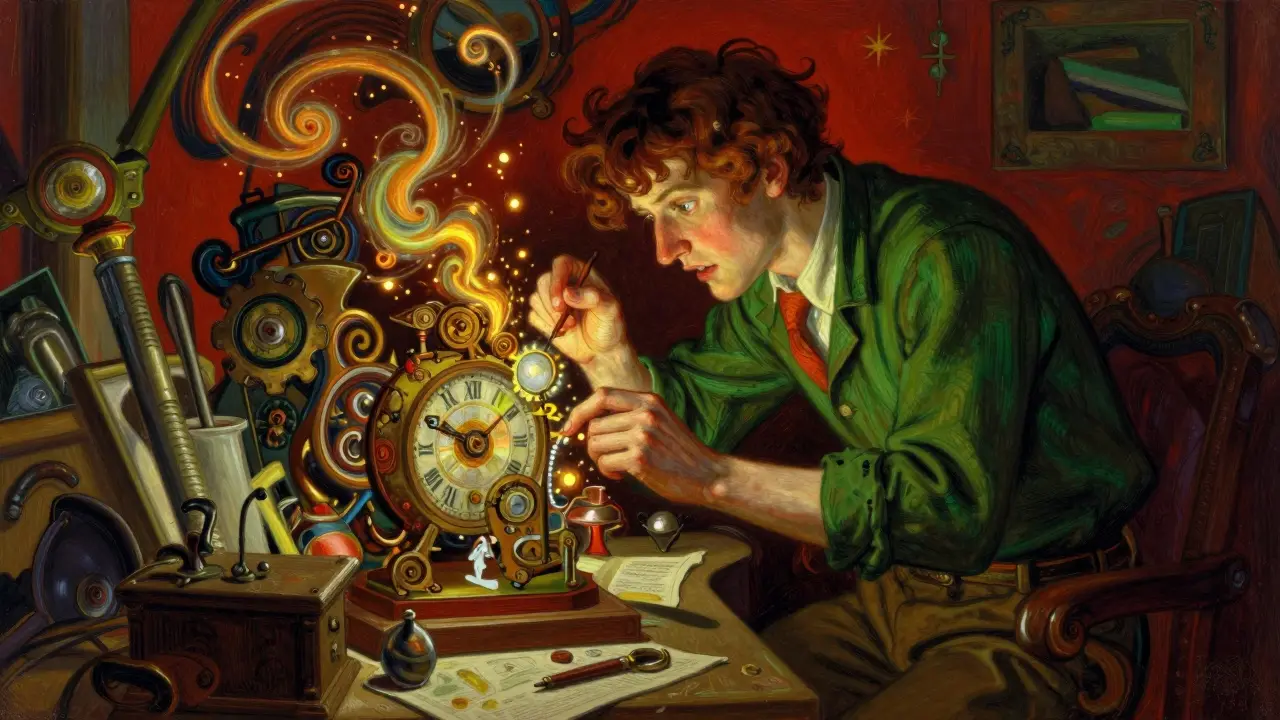 Kreativní člověk v dílně v stavu hyperfokusu při tvorbě fantastického stroje.