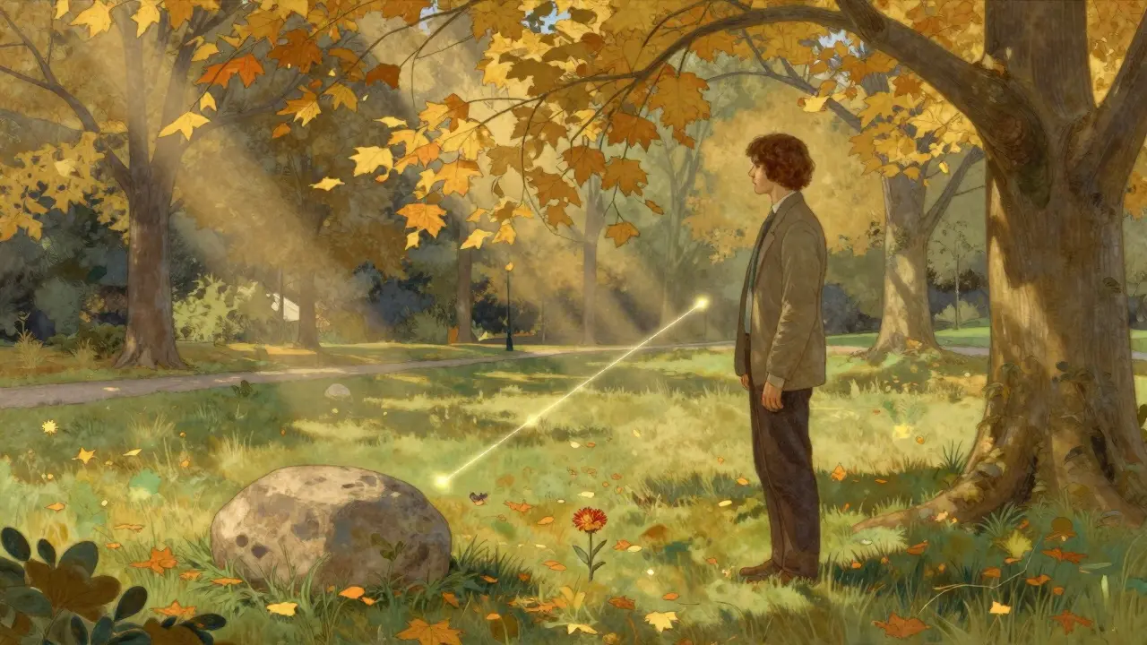 Kresba osoby v parku praktikující techniku uzemnění pro zmírnění úzkosti.