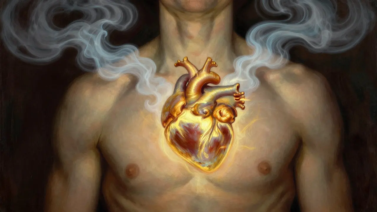 Kresba znázornující bušení srdce a pocit dušnosti pomocí světelných efektů a barevné mlhy.