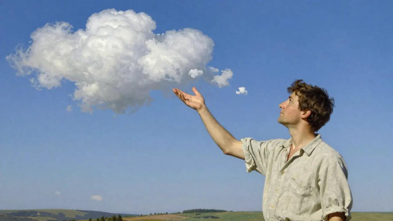 Muž pozorující své myšlenky jako bílé mraky na modré obloze.