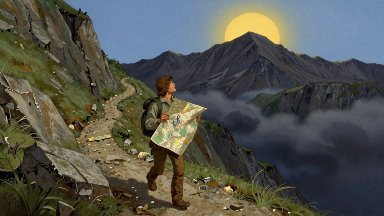 Obraz člověka stoupajícího s mapou po horské cestě k jasnému vrcholu.