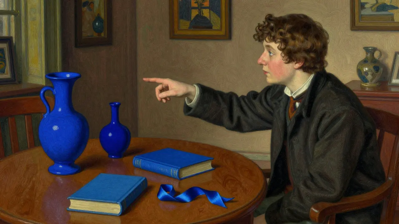 Osoba hledající modré předměty v místnosti jako součást mindfulness cvičení.