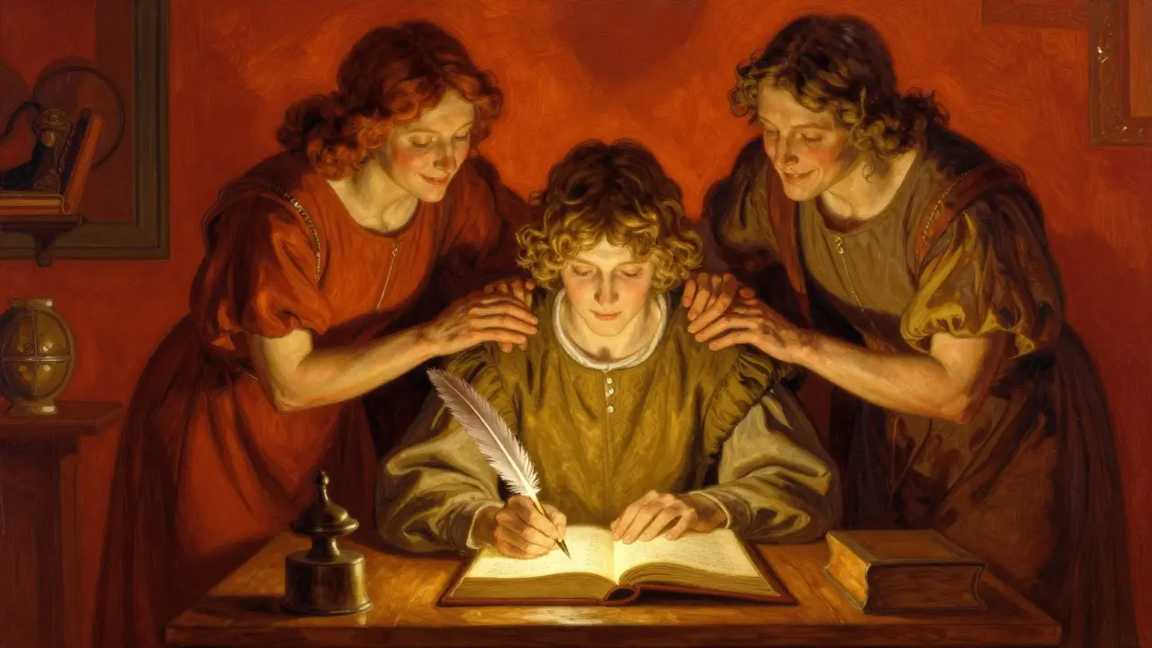 Osoba píšící nový životní příběh za podpory dvou laskavých svědků.