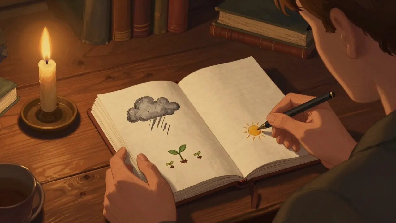 Osoba v útulném studiu studující svůj deník, kde symboly bouřek přecházejí v rostoucí semínka.