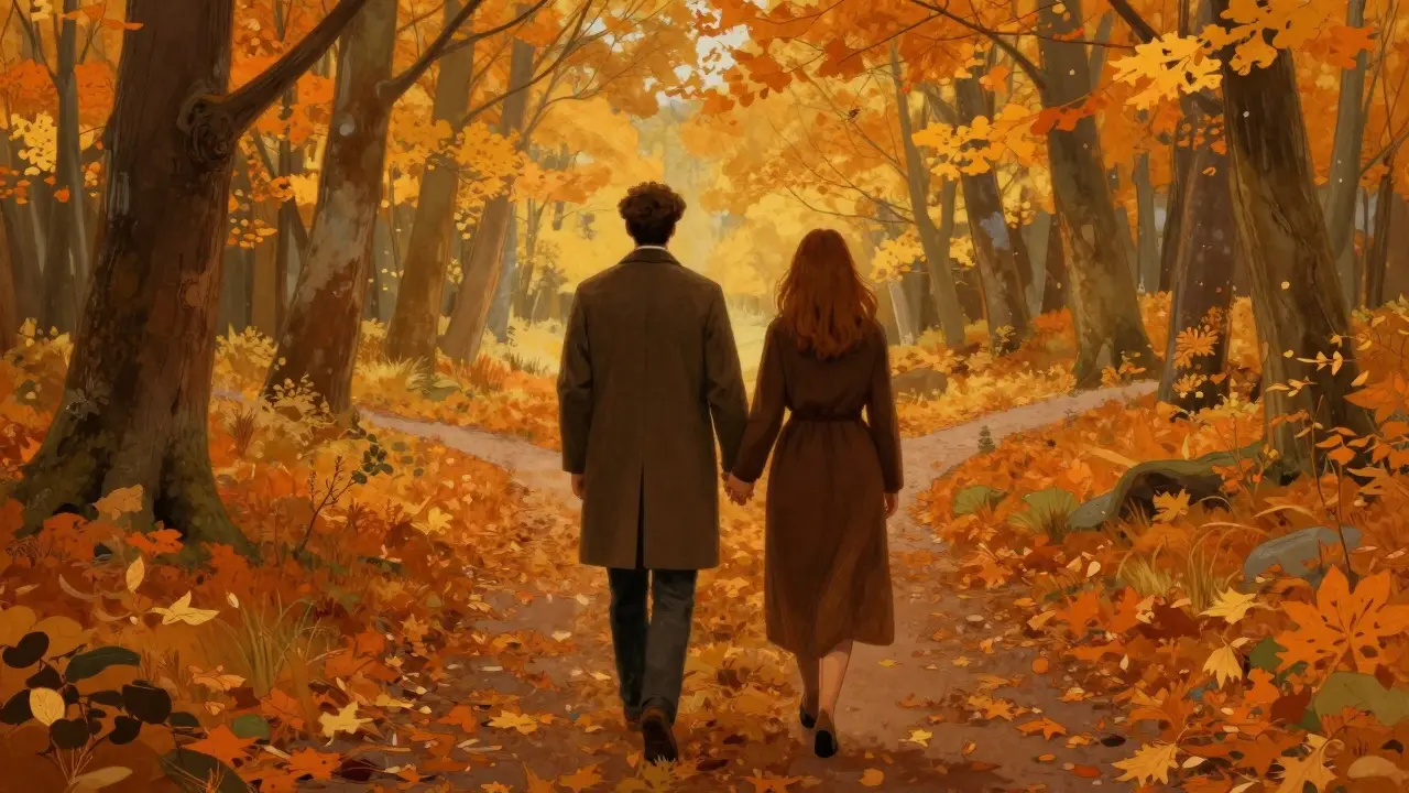 Pár klidně kráčí v podzimním lese směrem k dvěma různým cestám.