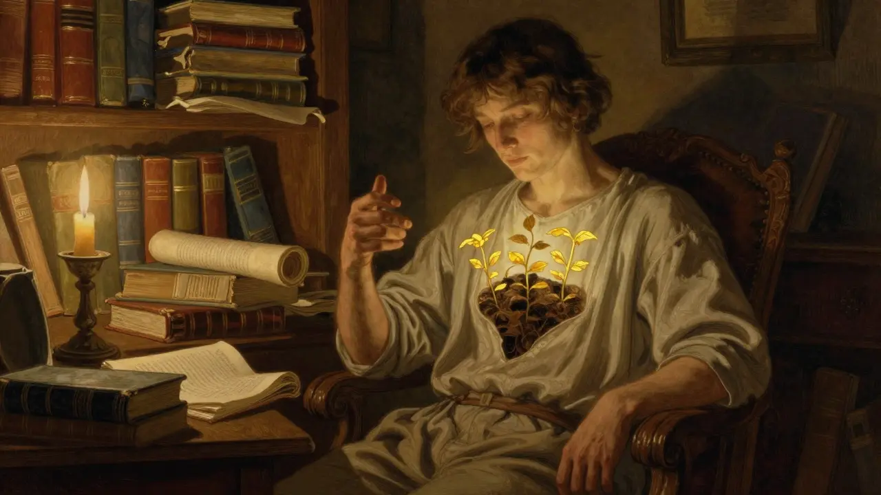 Postava v knihovně, jejíž vnitřní prázdnota přerůstá v zlaté rostliny.