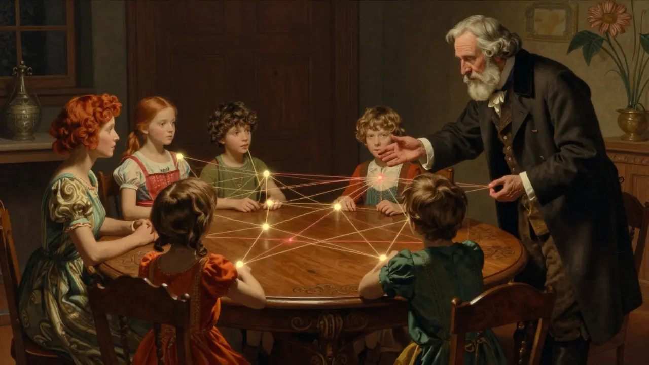 Rodina a terapeut analyzující neviditelné pouta a dynamiku vztahů u stolu.