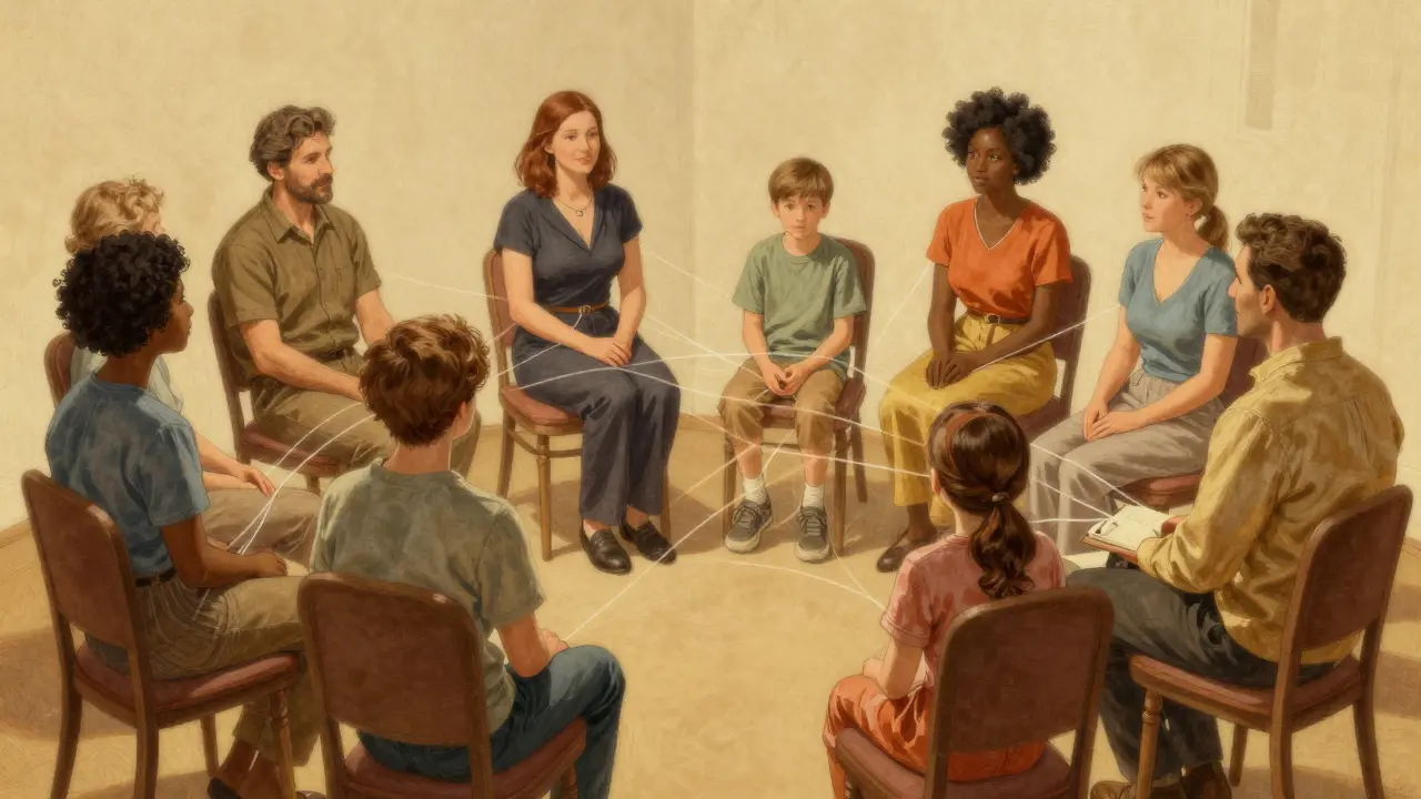 Rodinná terapie s lidmi v kruhu a symbolickými pouty mezi nimi.