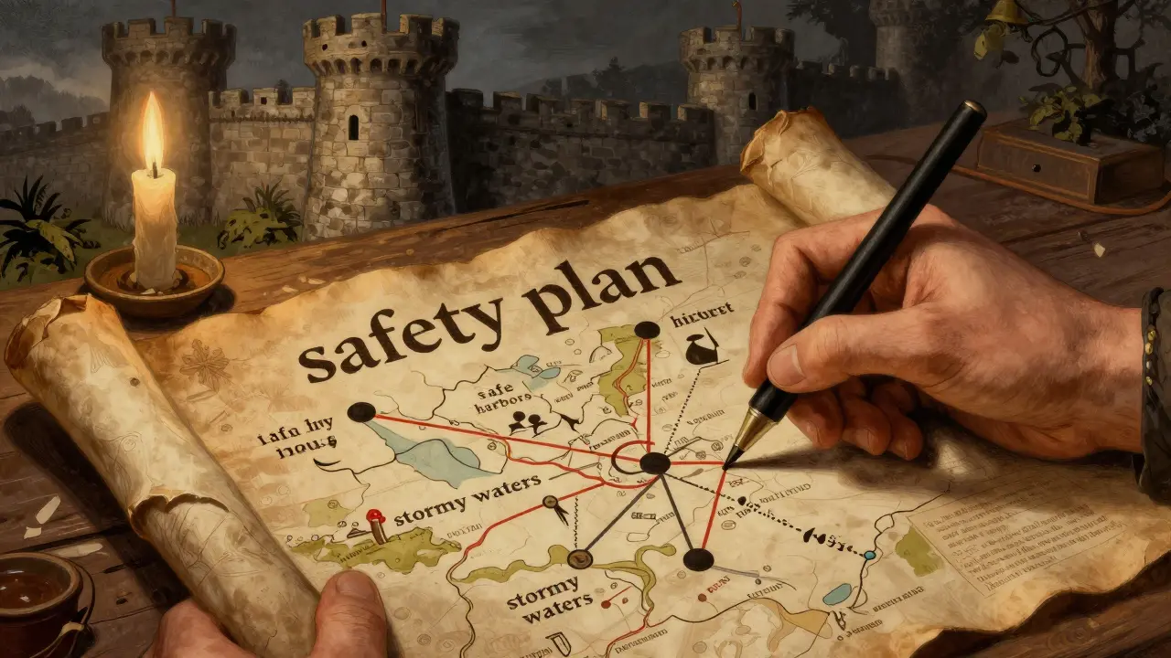 Ruka kreslící strategickou mapu havarijního plánu na starém pergamenu.