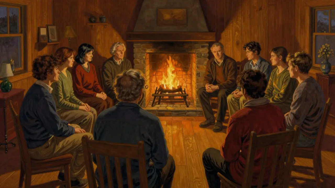 Skupina lidí v útulné společenské místnosti terapeutické komunity.