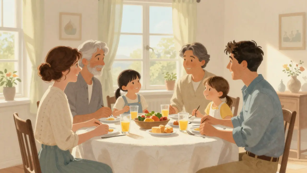 Šťastná rodina společně sedící u jídla v jasně osvětlené místnosti.