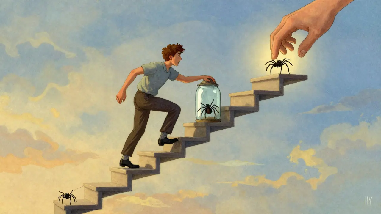 Stylizované schody symbolizující postupnou expozici a překonávání strachu.