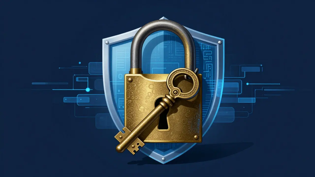 Symbolický zámek a digitální štít znázorňující šifrování a bezpečnost dat.