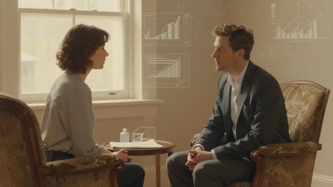 Terapeut a klient v hlubokém rozhovoru, kde se věda potkává s lidskou empatií.