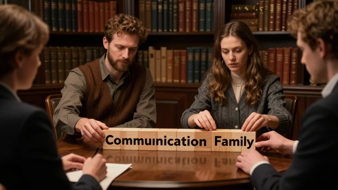 Terapeut a pár společně přerychlovávají symbolické dřevěné bloky cílů v pracovně.