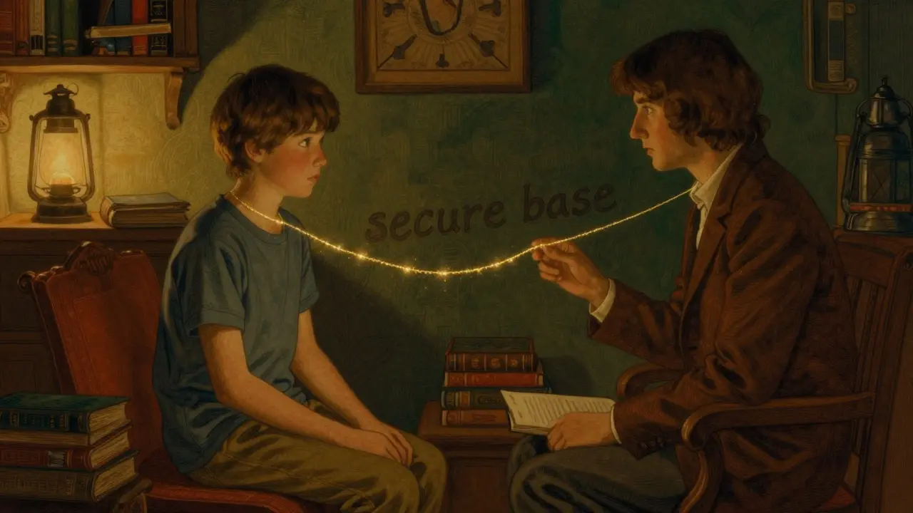 Terapevt a klient v útulné místnosti spojeni zlatým vláknem důvěry.