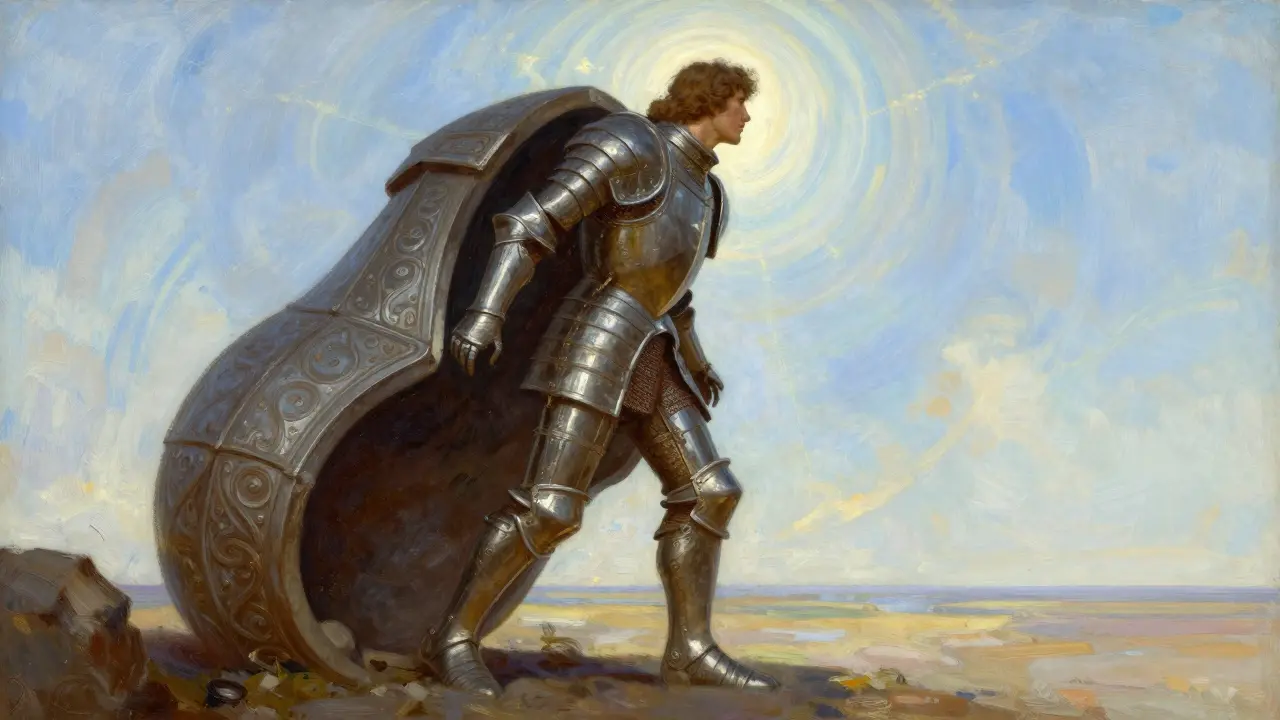 Umělecké zobrazení člověka, který se osvobozuje z těžkého brnění starých vzorců.