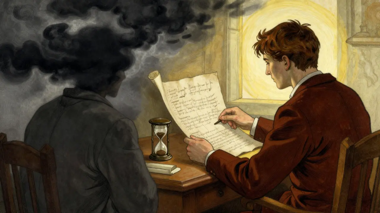 Změna vnímání od temných mraků sebekritiky k teplému světlu pochopení.