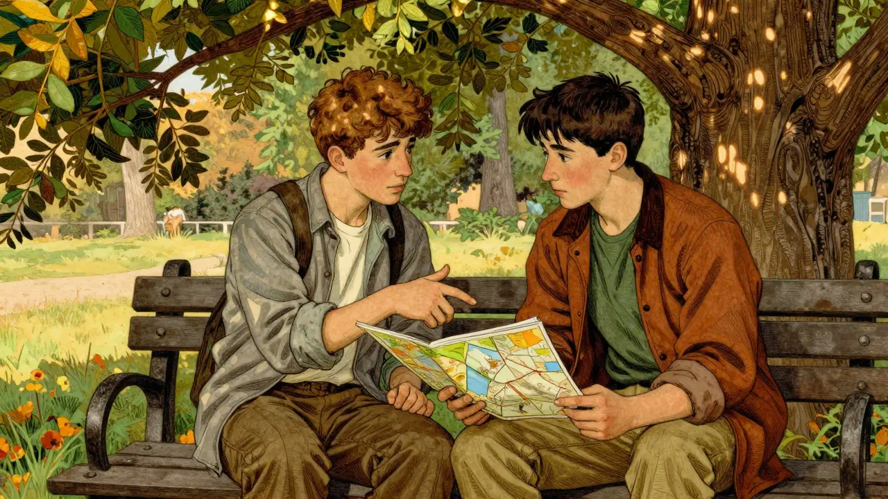 Dva teenageri sedí na lavičce, mentor pomáhá menteeovi s mapou