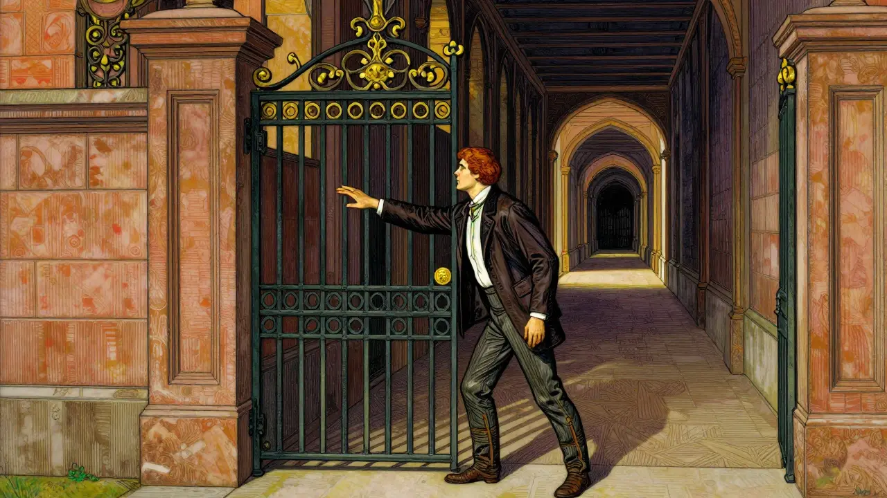 Howard Pyle styl: pacient testuje hranice terapie u pevné brány, která symbolizuje stabilitu