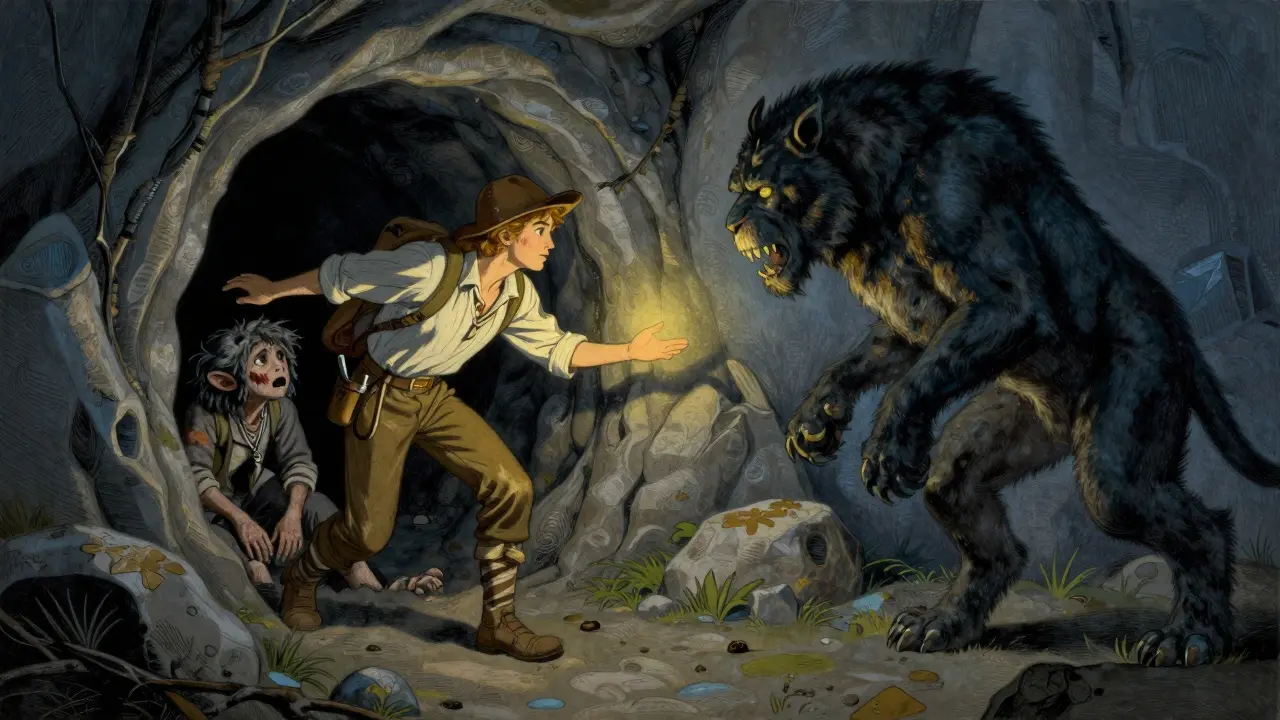 Howard Pyle stylizovaná scéna léčení, kde soucitné Já přibližuje světlo ukrytému zranění.