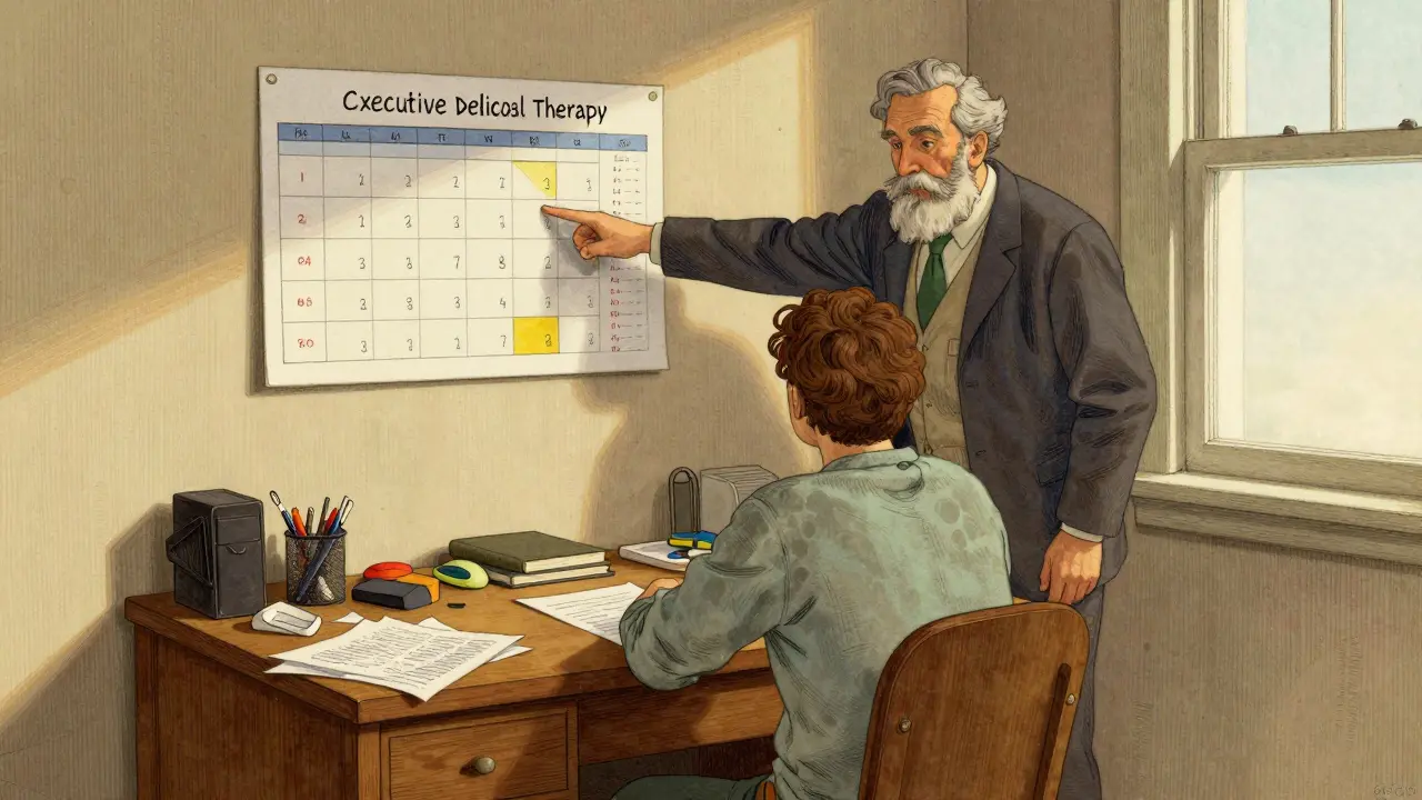 Ilustrace ve stylu Howarda Pyleho: terapeut pomáhá pacientovi s ADHD organizovat chaotický stůl pomocí kalendáře.