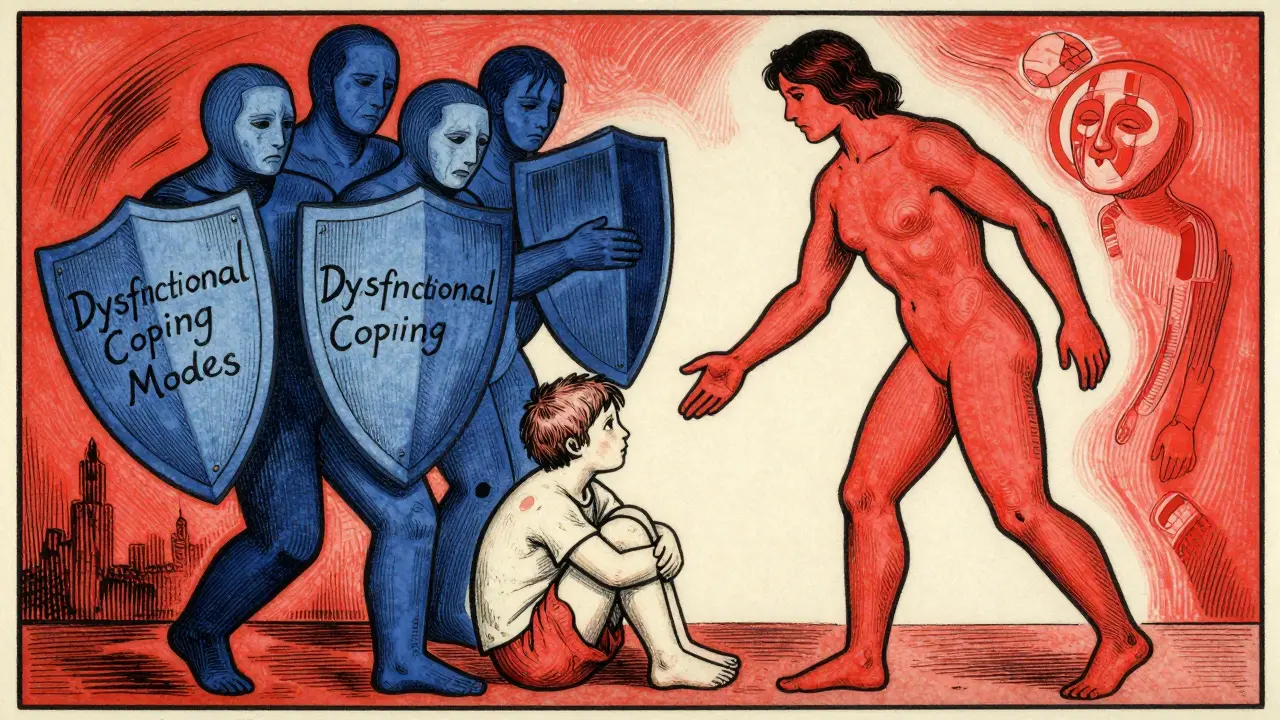 Ilustrace vnitřních režimů: zraněné dítě, obranné mechanismy a zdravý dospělý.
