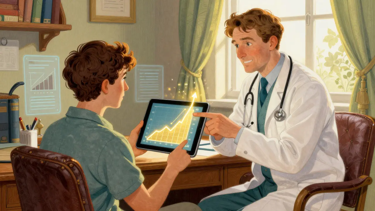 Ilustrace Howarda Pyleho: Klient a terapeut sledují pozitivní vývoj na tabletu