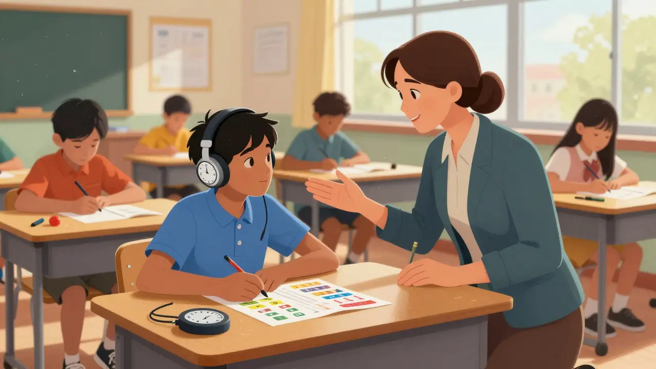 Žák s ADHD pracuje s vizuálními pomůckami a sluchátky ve třídě