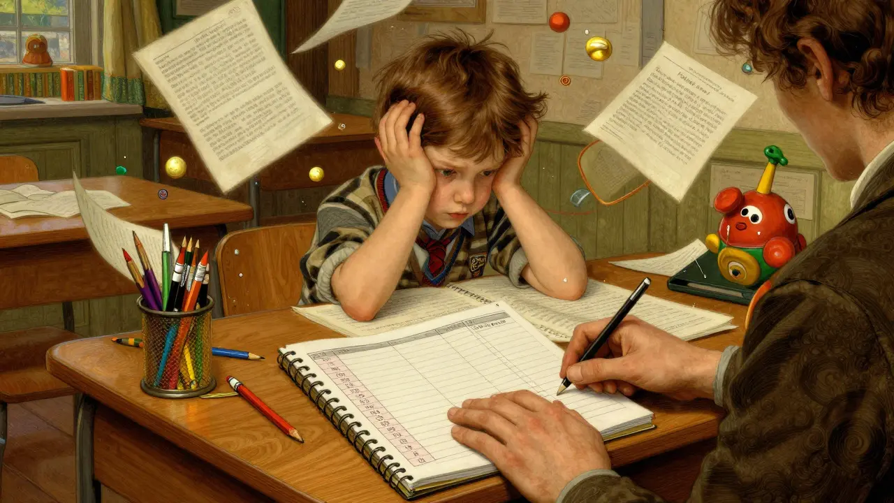 Dítě u stolu s chaotickými předměty a pořádným plánem, ilustrace v historickém stylu