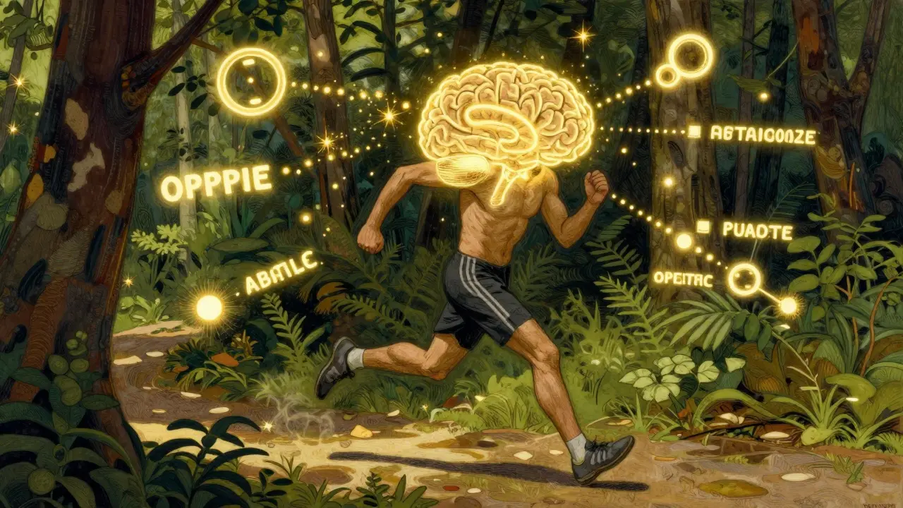 Howard Pyle styl: běžec v lese s vizualizací dopaminu a serotoninu jako světelných částic.